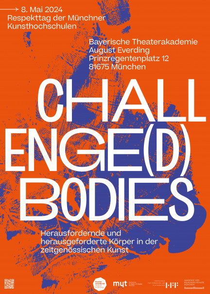 Orangenes Poster mit marineblauen Flecken. In weißer Schrift: "Challenge(d) Bodies - Herausfordernde udn herausgeforderte Körper in der zeitgenössischen Kunst"