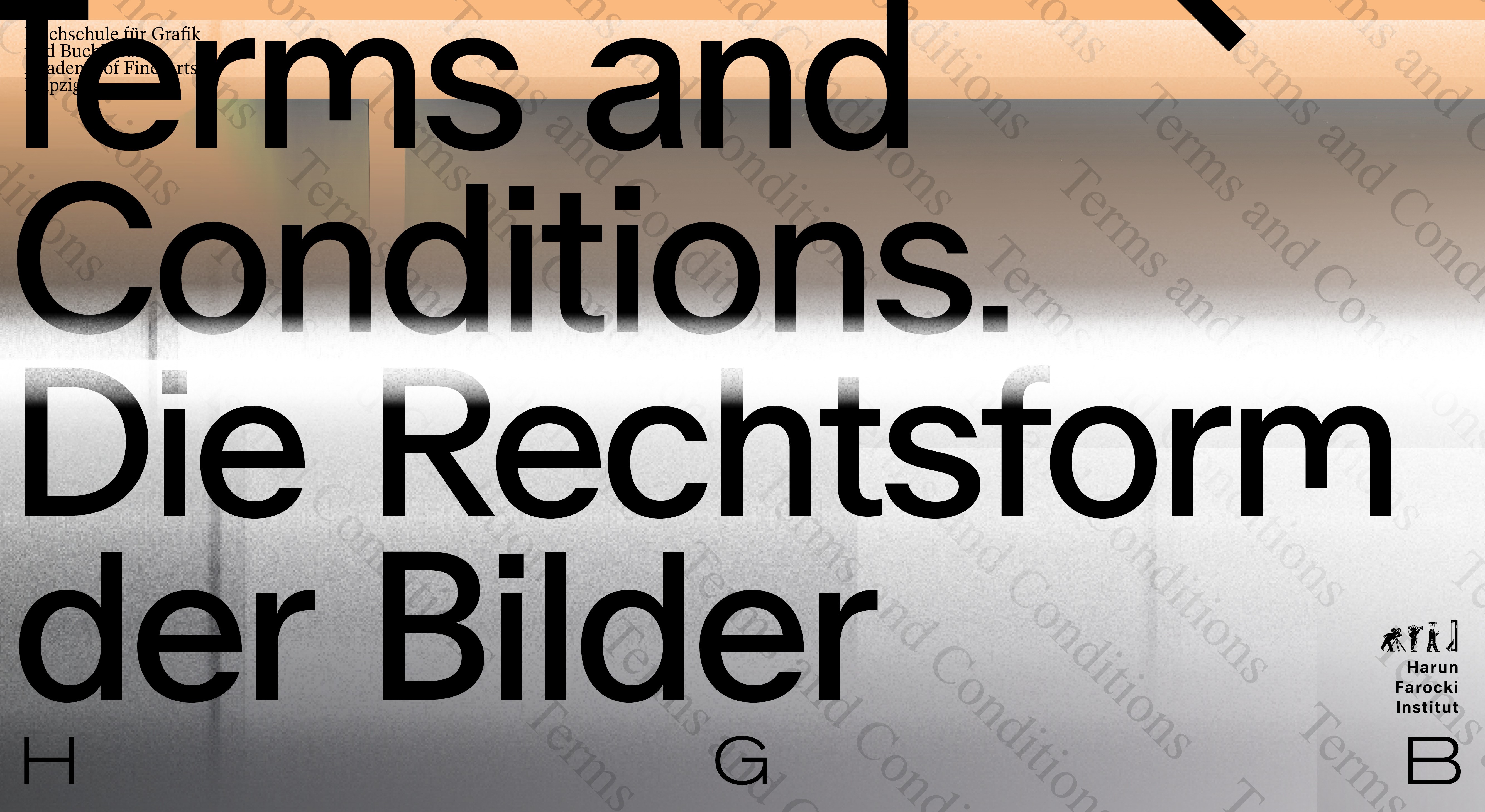 Schwarzer Schriftzug "Terms and Conditions. Die Rechtsform der Bilder" auf grau-orangenem Hintergrund
