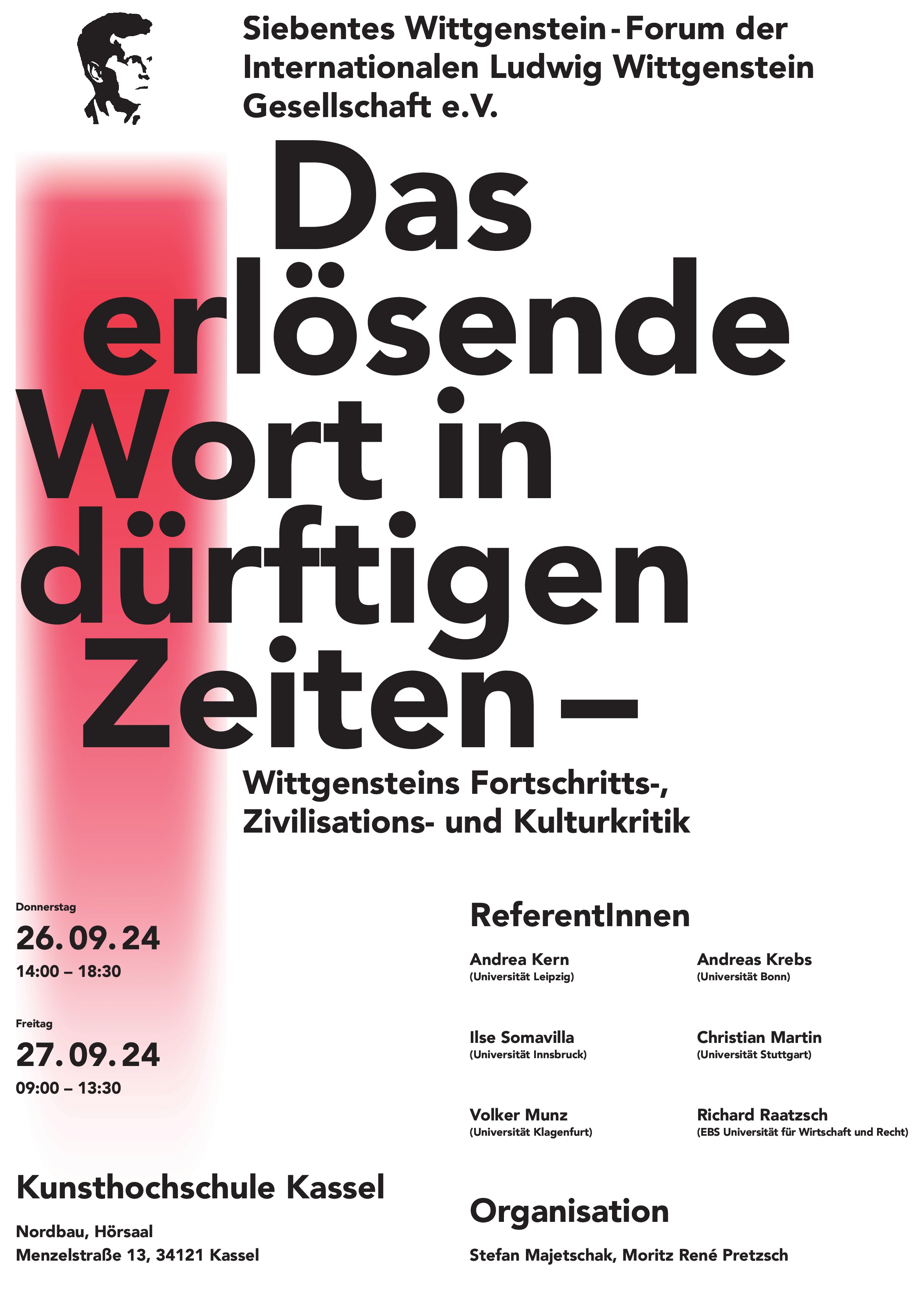 Veranstaltungsplakat in weiß mit schwarzer Schrift und einem roten Balken auf der linken Seite. 