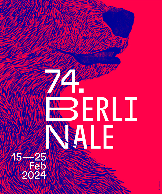 Zu sehen ist ein in blau gezeichneter Bärenkopf auf rotem Hintergrund, dazu die Informationen zur Berlinale 2024